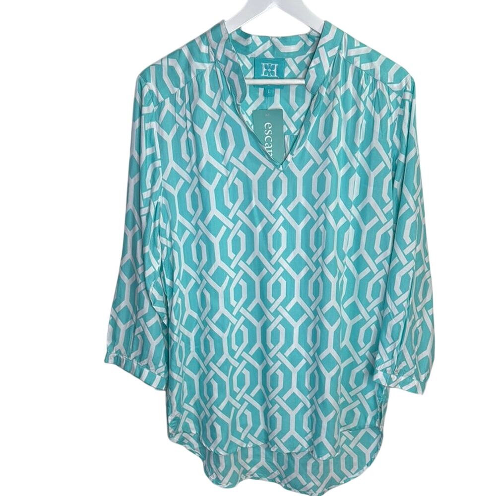 Escapade Women's Aqua Geometric Trellis Top Tunic Swim Cover NEW W1156 Sz L